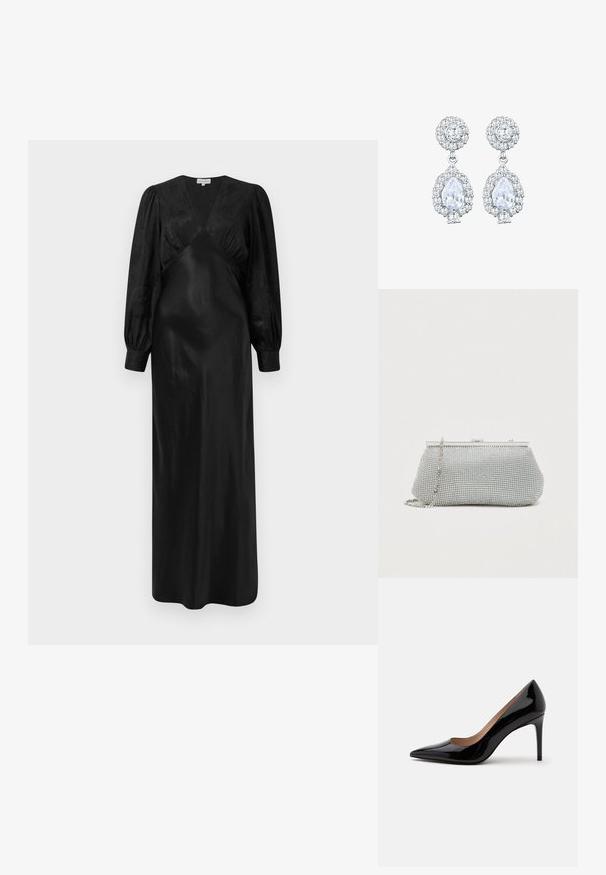 Schwarzes Satin-Maxi-Kleid mit langen Puffärmeln und einem tiefen V-Ausschnitt sowie gerafften Vorderdetails, das eine glatte Textur und eine elegante Silhouette präsentiert.; Schwarzer Lackleder-Pumps mit hohem Absatz, spitzer Schuhspitze und Stilettabsatz, seitlich auf einem schlichten weißen Hintergrund dargestellt.; Silberne Netz-Clutch mit runder Form, metallischem Rahmen und abnehmbarem Kettenriemen. Verfügt über funkelnde Details und eine glatte Textur.; Ohrringe in Silberfarbe mit einem runden Stecker im Pavé-Stil und einem tropfenförmigen Anhänger, der von kleineren Steinen umgeben ist, was einen funkelnden Effekt betont.