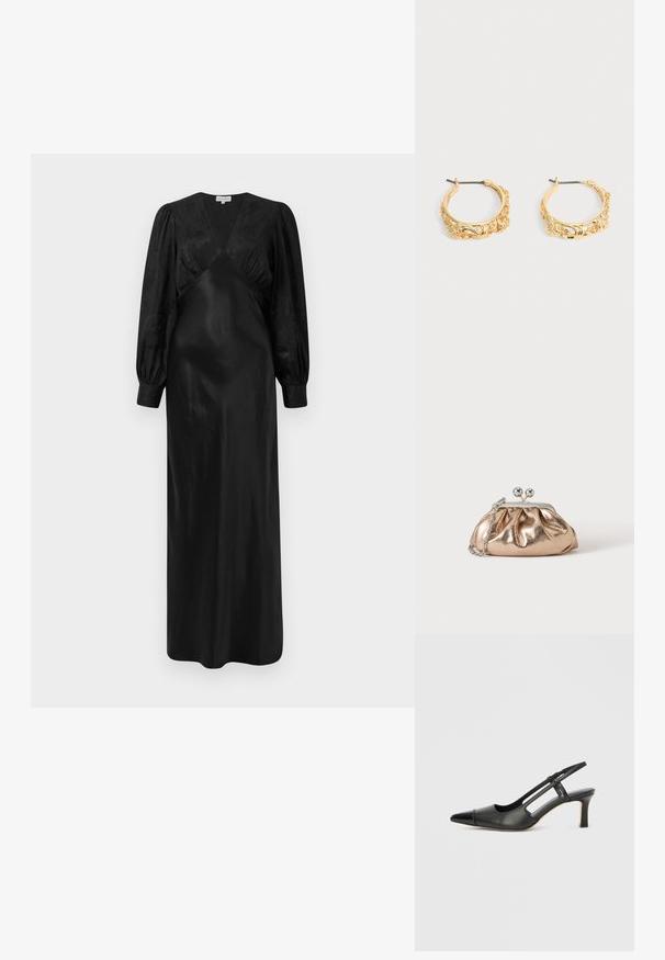 Schwarzes Satin-Maxi-Kleid mit langen Puffärmeln und einem tiefen V-Ausschnitt sowie gerafften Vorderdetails, das eine glatte Textur und eine elegante Silhouette präsentiert.; Schwarzer Slingback-Schuh aus Leder mit spitz zulaufender Zehenpartie, versehen mit glänzendem Akzent auf der Vorderkappe und mittelhohem Absatz. Offenes Seitendesign.; Kleine goldene Metallic-Clutch mit silbernem Verschluss und Kettengurt auf einfachem hellem Hintergrund.; Paar goldfarbene Creolen mit verziertem Blumen- und Blattrelief auf neutralem Hintergrund.