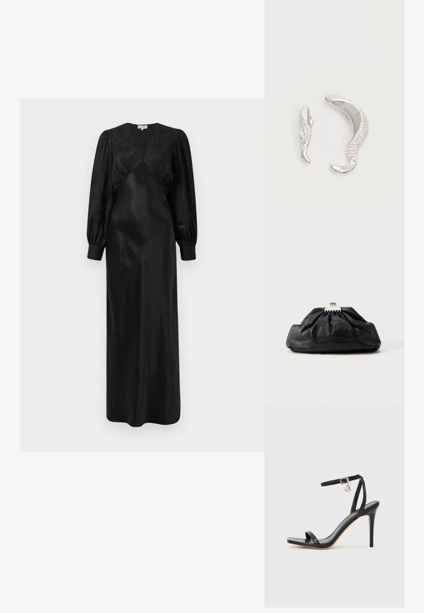 Schwarzes Satin-Maxi-Kleid mit langen Puffärmeln und einem tiefen V-Ausschnitt sowie gerafften Vorderdetails, das eine glatte Textur und eine elegante Silhouette präsentiert.; Schwarze High-Heel-Sandale mit schmalem Knöchelriemen, quadratischer Zehenbox, glattem Leder und metallischem Schnallenakzent.; Schwarze Leder-Clutch mit geraffter Textur, Metallverschluss und dezentem, auf der Vorderseite geprägtem Logo. Abgerundete Form.; Zwei gebogene silberne Ohrringe, einer größer als der andere, beide mit kleinen funkelnden Kristallen entlang einer Kante verziert.