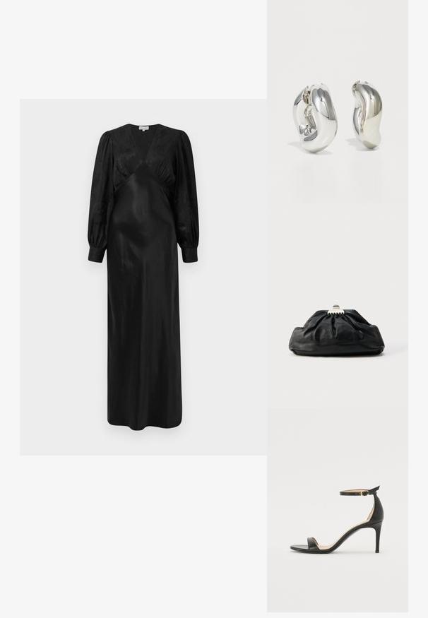 Sort satin maxi-kjole med lange pufærmer og en dyb V-hals med samlede frontdetaljer, der fremviser en glat tekstur og en elegant silhuet.; Sort læder højhælede sandaler med ankelrem. Har en glat tekstur, åben tå og en tynd hæl. Guldtonet spænde detalje.; Sort læderclutch med en samlet tekstur, metal lukning og diskret præget logo på forsiden. Rundet form.; Sølvskulpturelle øreringe med glatte, buede former og reflekterende overflader. Har et lukket hoop-design og en markant organisk form.