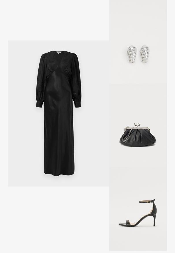 Zwarte satijnen maxi-jurk met lange pofmouwen en een diepe V-hals met geplooide voorkant, die een gladde textuur en een elegante silhouet benadrukt.; Zwarte leren hoge hak sandaal met enkelbandje. Heeft een gladde textuur, open teen en een dunne hak. Gouden gesp detail.; Zwarte leren clutch met geplooide textuur, zilverkleurig metalen frame, drukknopsluiting en kettingriem. Glad, zacht oppervlak.; Zilveren clip-on oorbellen met een spiraalontwerp, voorzien van een gladde metallic textuur en ronde vormen. Geen zichtbare versieringen of patronen.