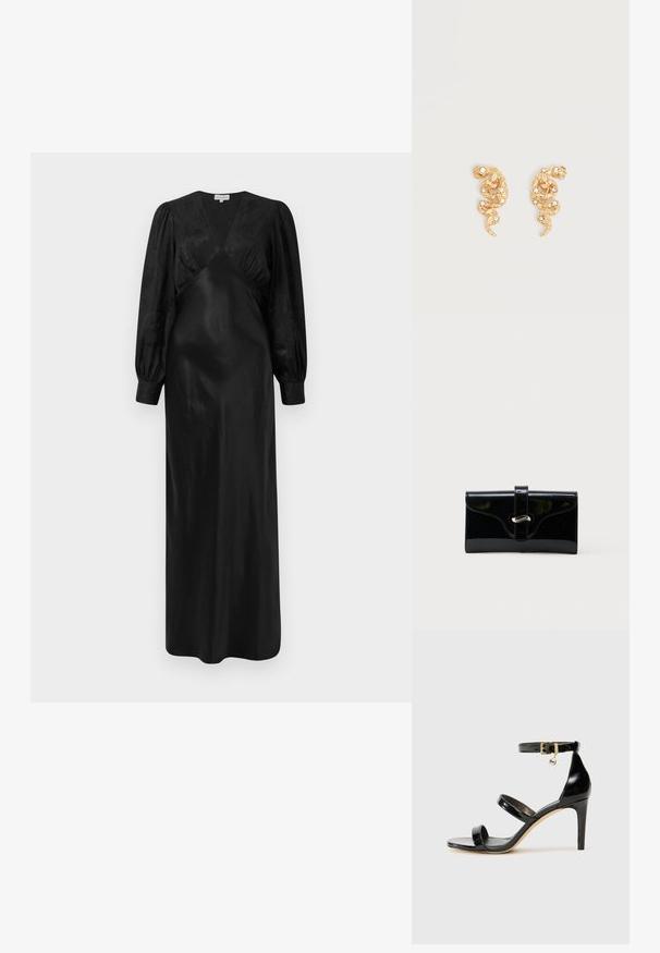 Sort satin maxi-kjole med lange pufærmer og en dyb V-hals med samlede frontdetaljer, der fremviser en glat tekstur og en elegant silhuet.; Sorte patenterede lædersandaler med tre stropper, ankelspænde og 10 cm stiletthæl. Har detaljer i guld og et logo charms.; Sort blank rektangulær pung med forreste rem og sølvfarvet metalspænde, sat mod en ensfarvet hvid baggrund.; Øreringe i guldfarve formet som slanger, pyntet med små klare krystaller på en ensfarvet lys baggrund.
