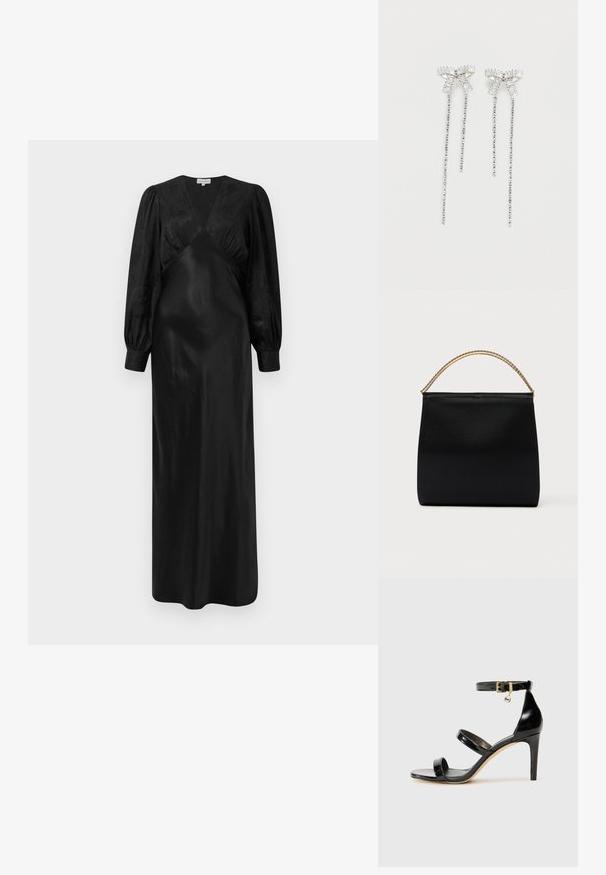 Schwarzes Satin-Maxi-Kleid mit langen Puffärmeln und einem tiefen V-Ausschnitt sowie gerafften Vorderdetails, das eine glatte Textur und eine elegante Silhouette präsentiert.; Schwarze Lackleder-Sandale mit drei Riemen, Knöchelriemen und 10 cm hohen Stiletto-Absatz. Verfügt über goldfarbene Hardware-Details und ein Logo-Charm.; Schwarze Tasche aus glattem Stoff mit strukturierter Form, einem Griff aus goldener Kette und minimalistischem, geometrischem Design.; Lange silberne Ohrringe mit einer Ansammlung von Strasssteinen oben und herabhängenden Strängen kleinerer Strasssteine darunter.