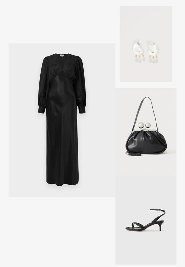 Schwarzes Satin-Maxi-Kleid mit langen Puffärmeln und einem tiefen V-Ausschnitt sowie gerafften Vorderdetails, das eine glatte Textur und eine elegante Silhouette präsentiert.; Schwarze Ledersandale für Damen mit dünnen Riemchen, einer Zehenlasche, einer Knöchelschnalle und einem mittelhohen Stöckelabsatz vor neutralem Hintergrund.; Schwarze Ledertasche mit gerafftem Design, einem einzelnen Riemen, silbernem Metallrahmen und zwei großen runden silbernen Verschlüssen.; Klare Harz-Ohrringe in Muschelform mit kleinen goldenen Akzenten und drei hängenden durchsichtigen tropfenförmigen Anhängern an jedem Ohrring.