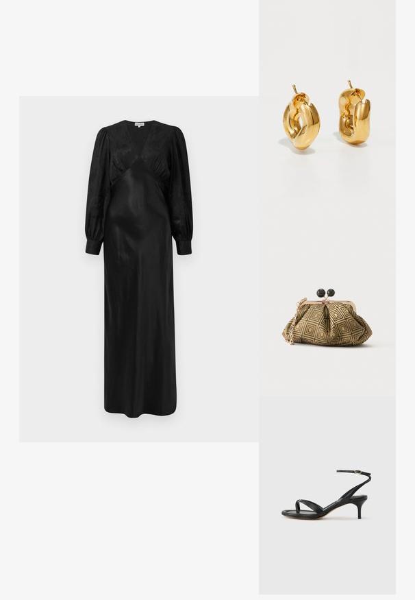 Sort satin maxi-kjole med lange pufærmer og en dyb V-hals med samlede frontdetaljer, der fremviser en glat tekstur og en elegant silhuet.; Sort damesandal i læder med tynde remme, en tå-loop, ankelspænde og en mellemhøj stiletthæl på en neutral baggrund.; Lille clutch taske med gyldent og sort geometrisk mønster, guldfarvet metalramme, sort kuglelås og en kort guldkæde som rem.; Chunky guld hoop øreringe med et let snoet, rørformet design og postsystem bagpå, på en hvid baggrund.