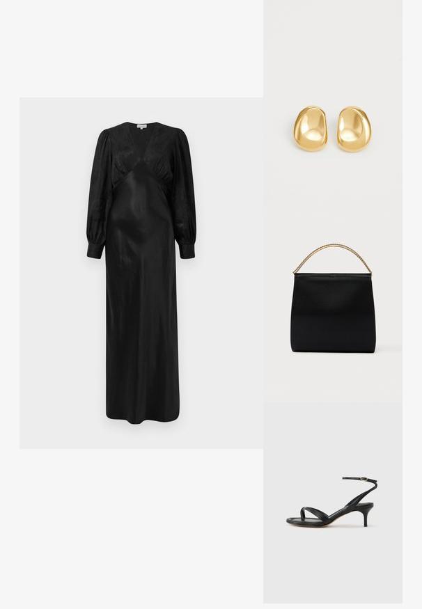 Sort satin maxi-kjole med lange pufærmer og en dyb V-hals med samlede frontdetaljer, der fremviser en glat tekstur og en elegant silhuet.; Sort damesandal i læder med tynde remme, en tå-loop, ankelspænde og en mellemhøj stiletthæl på en neutral baggrund.; Sort taske lavet af glat stof, med en struktureret form, et håndtag med guld kæde og et minimalistisk geometrisk design.; Guldfarvede stud øreringe med en glat, rund form og en reflekterende overflade, der fremhæver et minimalistisk design uden synlige mønstre.