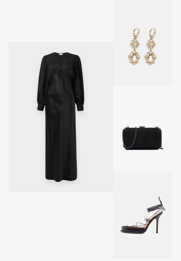 Zwarte satijnen maxi-jurk met lange pofmouwen en een diepe V-hals met geplooide voorkant, die een gladde textuur en een elegante silhouet benadrukt.; Zwarte sandaal met hoge hak met dunne leren banden die om de voet en enkel gewikkeld zijn, met een spits toefhak.; Kleine zwarte rechthoekige clutch met een getextureerd, gestudeerd oppervlak en een fijne metalen kettingriem tegen een witte achtergrond.; Gouden hangoorbellen met een clusterontwerp, versierd met ronde en druppelvormige heldere kristallen, die zich kenmerken door ingewikkelde details.