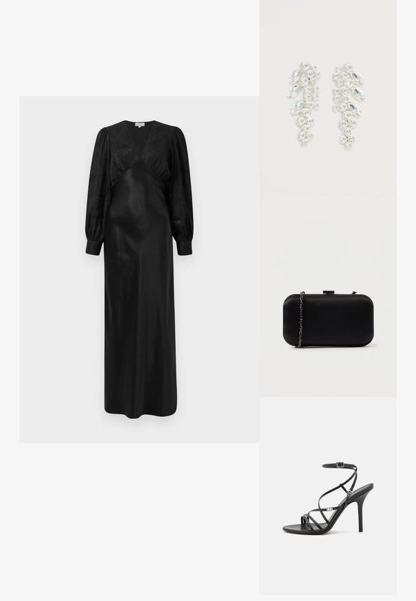 El vestido maxi de satén negro presenta largas mangas abullonadas y un escote en V profundo con detalles fruncidos en la parte frontal, mostrando una textura suave y una silueta elegante.; Sándalo negro de tacón alto con tiras finas, hebilla en el tobillo, superficie de cuero suave y tacón de aguja esbelto.; Clutch rectangular negro hecho de material suave. Cuenta con una correa de cadena desmontable y un cierre metálico en la parte superior. Diseño simple con bordes redondeados.; Par de pendientes en tono plateado con cristales claros facetados agrupados en formas redondas y marquesas sobre fondo blanco.