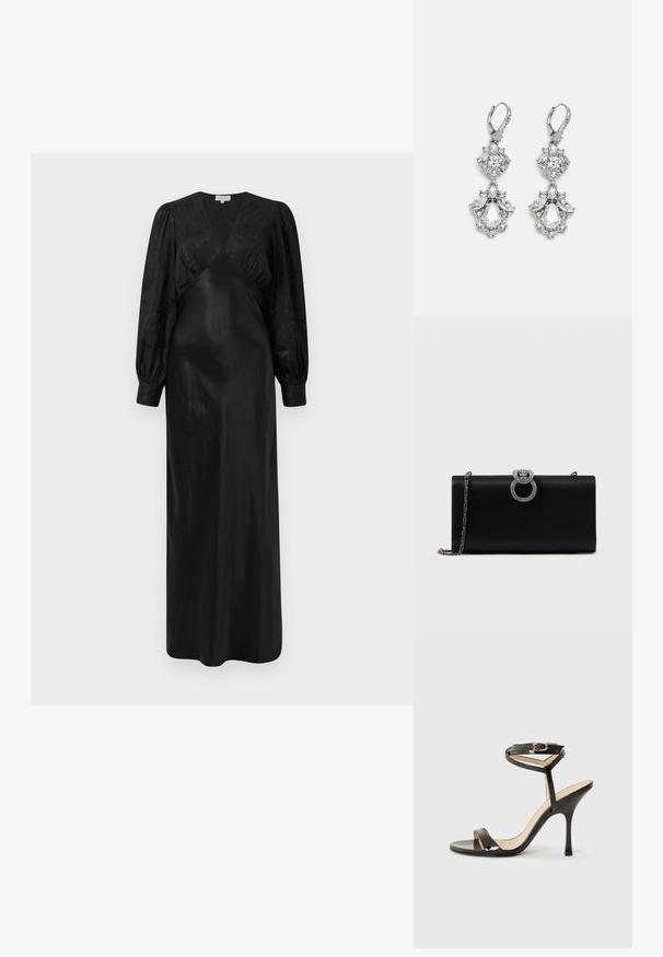El vestido maxi de satén negro presenta largas mangas abullonadas y un escote en V profundo con detalles fruncidos en la parte frontal, mostrando una textura suave y una silueta elegante.; Sandalia de tacón alto de charol negro con tira delgada en el tobillo y hebilla, punta abierta y tacón aguja esbelto sobre fondo blanco.; Bolso de mano de satén negro con un cierre circular en tono plateado adornado con strass, cuenta con una correa de cadena desmontable.; Pendientes de tono plateado que presentan múltiples piedras de cristal transparente en formas de lágrima y marquesa, con cierres de palanca y un detallado intrincado.