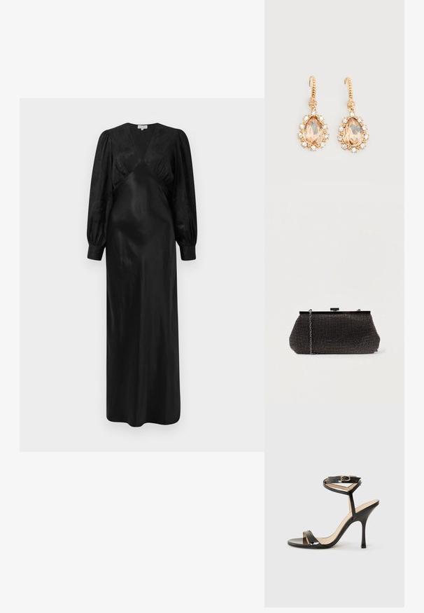 Sort satin maxi-kjole med lange pufærmer og en dyb V-hals med samlede frontdetaljer, der fremviser en glat tekstur og en elegant silhuet.; Sorte patentlæder højhælede sandaler med tynd ankelrem og spænde, åben tå og slank stiletto hæl på hvid baggrund.; Sort mesh clutch-taske med en struktureret silhuet, prydet med små metalstuds, har en låsemekanisme og en aftagelig kæderekke.; Guld øreringe med kroge med store pæreformede ferskensten omgivet af små klare krystaller på en ensfarvet hvid baggrund.