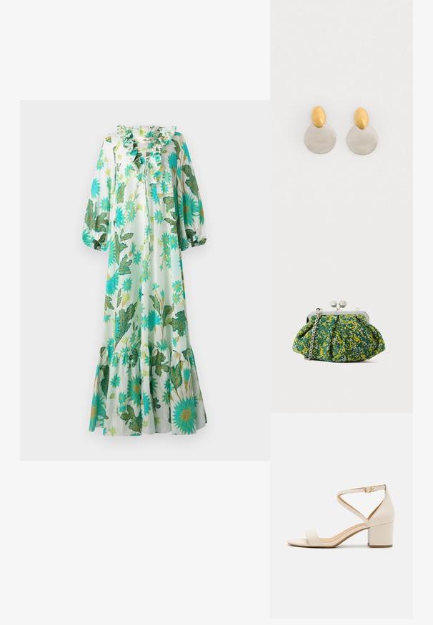 Lang, lys kjole med en volangkrave, der har et blomster- og bladprint i grøn og blå på en lys baggrund. Udsvingede ærmer og kant.; Beige blokhælede sandaler med et minimalistisk design, åben tå og justerbar ankelrem med en guldbelsningsdetalje. Glat tekstur.; Clutchtaske i grønt stof med gult og blåt blomstermønster, sølvfarvet metalramme og kæderem. Plisseret design tilføjer tekstur.; Guld- og sølvmetalløreringe med en rund skivebund og et ovalt topstykke, glat tekstur og poleret finish.