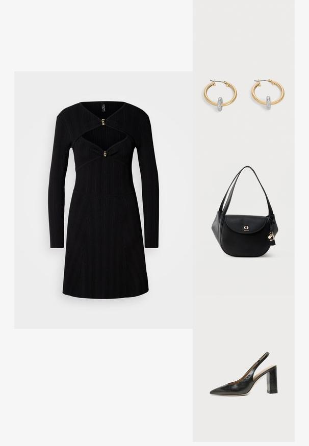 Sort ribbet kjole med lange ærmer, der har en tætsiddende bodice, V-formet udskæring og gyldne knapdetaljer ved brystet.; Sort læder peep-toe slingback sko med høj blokhæl og beige indvendig foring mod en ensfarvet lys baggrund.; Sort læder skuldertaske med buet klap, gyldent "G GUESS" logo, dobbelte stropper og hængende nøglering vedhæng på ensfarvet baggrund.; Par guldtonede hoop øreringe med lille sølvfarvet loop-detalje på hver, vist mod lysegrå baggrund.