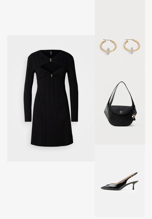 Vestido negro de canalé con mangas largas, que presenta un corpiño ajustado, escote en forma de V y botones de acento dorado en el pecho.; Tacón slingback de charol negro con puntera puntiaguda, tacón pequeño tipo kitten y correa con hebilla plateada sobre un fondo blanco liso.; Bolso de hombro de cuero negro con solapa curva, logo dorado "G GUESS", correas dobles y charms colgantes de llavero sobre un fondo liso.; Par de pendientes de aro en tono dorado con pequeño detalle de aro en tono plateado en cada uno, expuestos sobre un fondo gris claro.