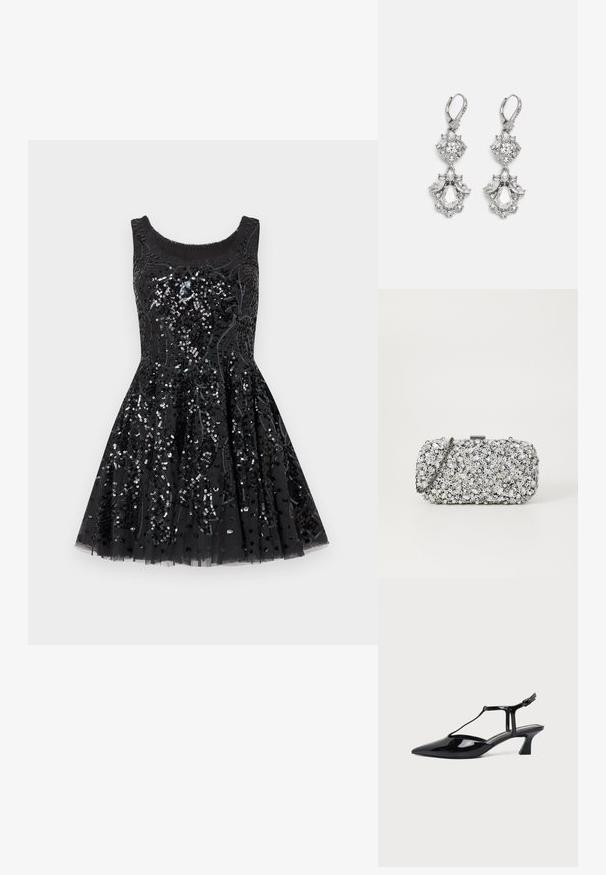 Robe de cocktail noire sans manches avec une jupe évasée, décorée de sequins noirs et argentés élaborés en motifs floraux.; Chaussure slingback en cuir verni noir à bout pointu avec bride en T et petit talon bloc incliné sur fond blanc.; Pochette argentée avec une surface texturée ornée de petites pierres iridescentes et une chaîne métallique. Forme rectangulaire avec fermeture à clip.; Boucles d'oreilles en métal argenté ornées de plusieurs pierres précieuses en cristal transparent en forme de goutte et de marquise, avec des fermoirs à levier et des détails complexes.