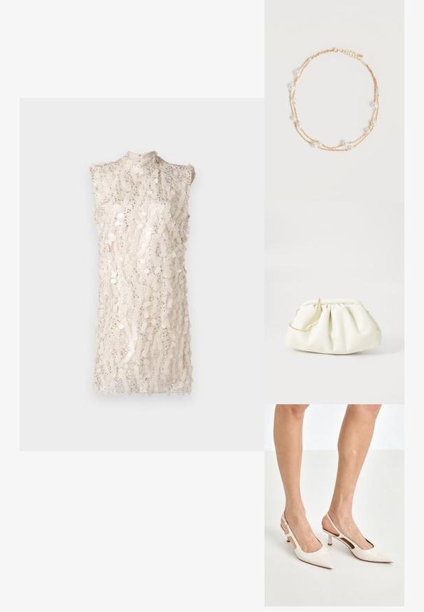 Ærmeløs, højhalset kjole i lys beige med et gennemgående pailetmønster, der har en let løs pasform og en struktureret overflade.; Beige patenterede læder slingback hæle med spids tå og 5 cm hæl, med udskårne sider og en tynd ankelrem.; Hvid læderhåndtaske med en samlede design, forsynet med en guldkæde-strop og en rund form. Glat tekstur med bløde folder og ingen mønstre.; Delikat dobbeltlags guldkæde med jævnt fordelt små hvide perler på en ensartet lys baggrund.