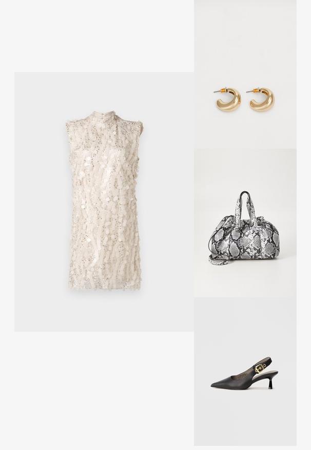 Vestido sin mangas de cuello alto en beige claro con un patrón de lentejuelas en toda la prenda, que presenta un corte ligeramente holgado y una superficie texturizada.; Zapato de tacón alto tipo slingback negro con punta afilada, textura de cuero suave y un acento de hebilla en tono dorado en la correa.; Bolso de mano con patrón de piel de serpiente en blanco y negro, con dos asas, un cierre de cordón y una correa para el hombro desmontable. Textura suave.; Dos pendientes de aro dorados brillantes en un diseño curvado, con acentos naranjas cerca del poste, sobre un fondo blanco liso.