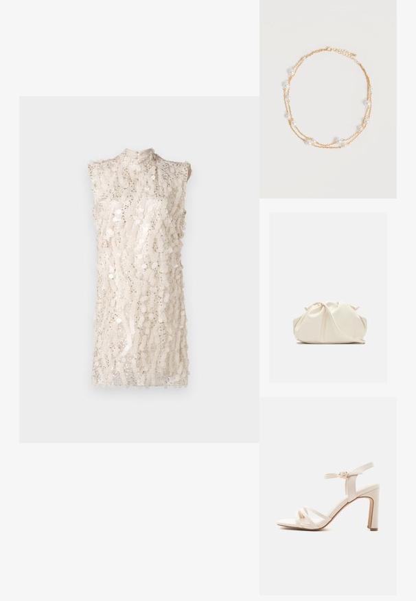 Vestido sin mangas de cuello alto en beige claro con un patrón de lentejuelas en toda la prenda, que presenta un corte ligeramente holgado y una superficie texturizada.; Sandalia beige de tacón alto con tres finas tiras delanteras, correa en el tobillo con hebilla dorada y tacón ancho sobre fondo blanco.; Bolso de mano de cuero suave de color crema con diseño fruncido y plisado y una delgada correa para el hombro que descansa delante sobre un fondo liso.; Delicado collar de cadena dorada de doble capa con pequeñas perlas blancas espaciadas uniformemente sobre un fondo claro y liso.