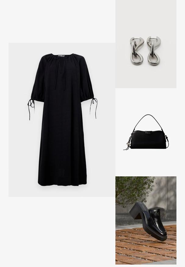 Zwarte, loszittende jurk met een ronde halslijn, geplooide mouwen en strikdetails bij de boorden. Gemaakt van lichtgewicht stof. Effen kleur.; Zwarte leren Calvin Klein slip-on mule met blokhak rustend op houten tegels buiten, vlak bij een groene plant en een grijze muur.; Zwarte rechthoekige Calvin Klein handtas met enkele bovenriem, zilveren logo-ornament en een kleine klepsluiting aan de voorkant.; Set zilverkleurige metalen oorbellen met een abstract ontwerp van in elkaar grijpende lussen op een witte achtergrond.