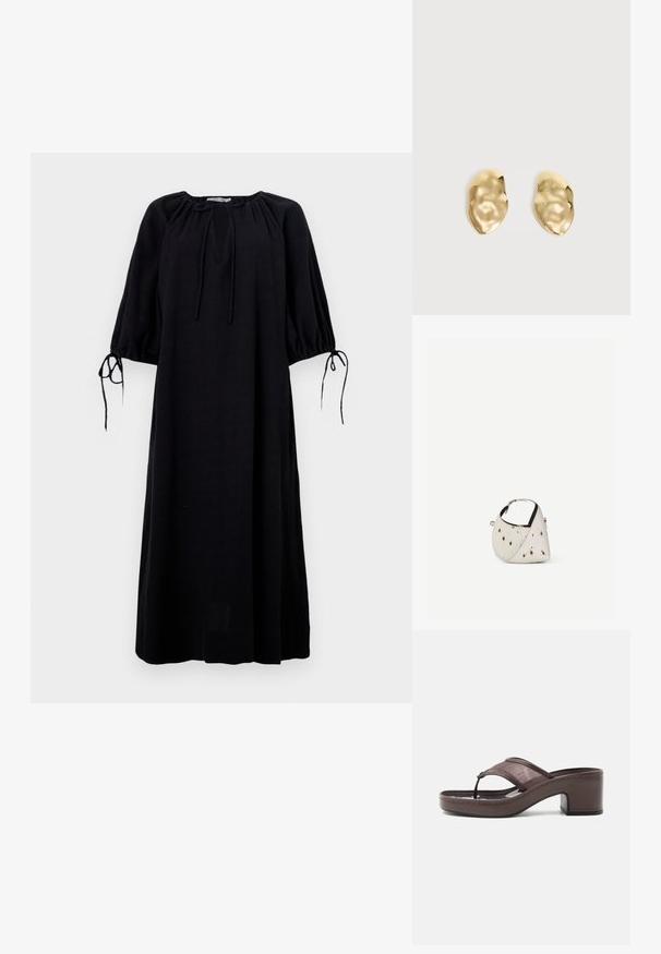Vestido negro de corte ancho con escote redondeado, mangas fruncidas y detalles de lazo en los puños. Confeccionado en tejido ligero. Color sólido.; Sandalia marrón con tacón, banda de malla y diseño de tira, con tacón cuadrado y suela cosida, mostrada de perfil sobre fondo blanco.; Pequeño bolso blanco con manchas marrones, forma triangular redondeada, forro interior negro y correa corta ajustable con hebilla plateada.; Par de pendientes de metal dorado brillante, con forma irregular y superficie arrugada y lisa sobre un fondo claro y sencillo.