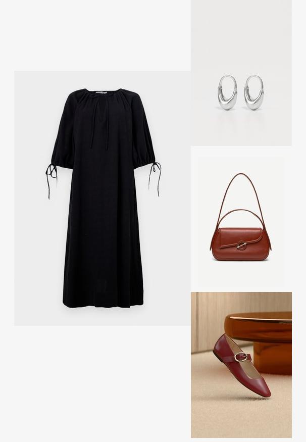 Vestido negro de corte ancho con escote redondeado, mangas fruncidas y detalles de lazo en los puños. Confeccionado en tejido ligero. Color sólido.; Zapato plano Mary Jane de cuero rojo con una correa de hebilla plateada, exhibido sobre una alfombra beige cerca de una mesa redonda marrón.; Bolso de hombro de cuero marrón con forma rectangular redondeada, solapa asimétrica, cierre circular plateado y dos correas delgadas.; Pendientes de aro de plata con forma curva de lágrima y acabado pulido. Presentan un cierre seguro y una textura suave.
