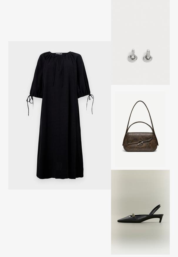 Robe noire, décontractée avec un décolleté arrondi, des manches froncées et des détails à nouer aux poignets. Fabriquée en tissu léger. Couleur unie.; Escarpin slingback en cuir noir avec talon kitten, bout pointu et petite boucle dorée sur un fond uni.; Sac à main en cuir brun foncé texturé avec deux anses, forme rectangulaire arrondie, et fermeture à bouton circulaire argenté sur le rabat avant.; Paire de petites boucles d'oreilles créoles argentées brillantes avec une base ronde, présentées sur un fond clair uni.
