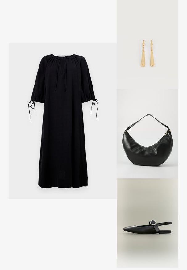 Robe noire, décontractée avec un décolleté arrondi, des manches froncées et des détails à nouer aux poignets. Fabriquée en tissu léger. Couleur unie.; Chaussure plate slingback noire à bout pointu, boucle argentée et petit talon sur fond neutre.; Sac à épaule en cuir noir, de forme courbée, avec une texture douce et une seule sangle; il comporte une fermeture éclair dorée et un logo discret.; Boucles d'oreilles pendantes en ton or avec des pendentifs lisses en forme de goutte allongée suspendus à de petites attaches en forme d'anneau sur un fond blanc.