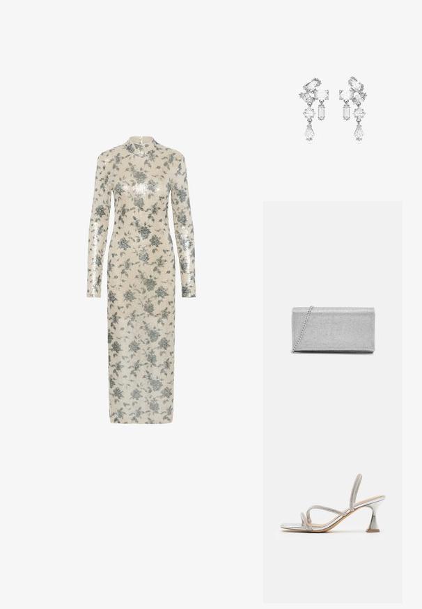 Langrouw jurkje in crème met metallic zilveren bloemsequins, hoge halslijn en rechte silhouet, dat tot halverwege de kuit reikt. Ritsluiting aan de achterkant.; Zilveren metallic haksandalen met kruislings mesh banden en een unieke uitlopende hak. Glad gevoerd voetbed en puntige neus.; Zilveren metallic clutch met een geweven gaasontwerp, rechthoekige vorm en een kettingriem om mee te dragen. Gladde textuur en gepolijste afwerking.; Kristallen druppelohrringen met een mix van rechthoekige en verschillende gevormde stenen, gezet in zilverkleurig metaal, met ingewikkelde details.