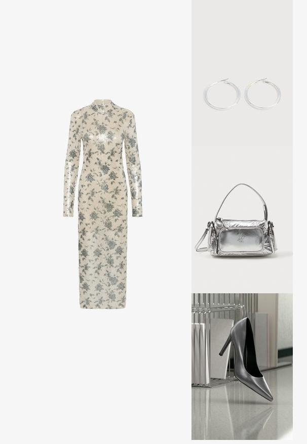 Robe à manches longues en crème avec des sequins floraux métalliques argentés, encolure haute et silhouette droite, arrivant au milieu du mollet. Fermeture éclair au dos.; Chaussure noire à talon haut suspendue en l'air devant un classeur métallique avec des dossiers sur une surface polie.; Sac à main en argent métallique de forme rectangulaire, avec une fermeture éclair sur le dessus et une poche avant. Il est doté d'une courte poignée et d'une sangle réglable. Fini texturé.; Paire de boucles d'oreilles créoles argentées brillantes avec fermoirs en fil fin, présentée sur un fond gris clair.