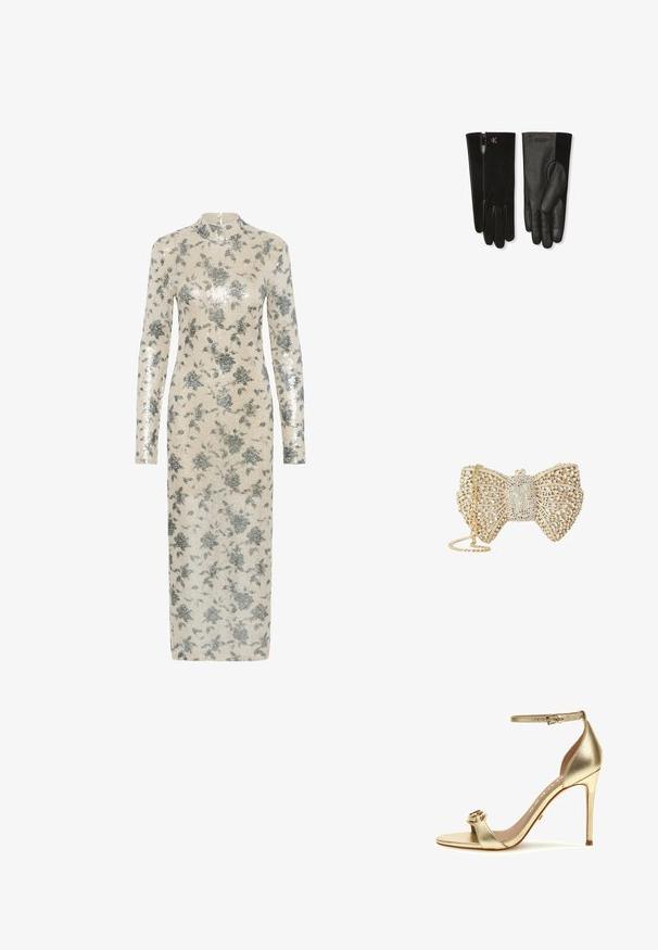 Robe à manches longues en crème avec des sequins floraux métalliques argentés, encolure haute et silhouette droite, arrivant au milieu du mollet. Fermeture éclair au dos.; Sandale à talon haut en métal doré avec une bride de cheville, bout ouvert, large sangle avec accent circulaire et un talon aiguille. Texture lisse.; Pochette en forme de nœud ton or recouverte de cristaux clairs, avec un design en treillis délicat et une bandoulière chaîne dorée.; Paire de gants en cuir noir avec détail en daim, l’un montrant le devant avec le logo Calvin Klein et l’autre montrant le dos avec les initiales cK.