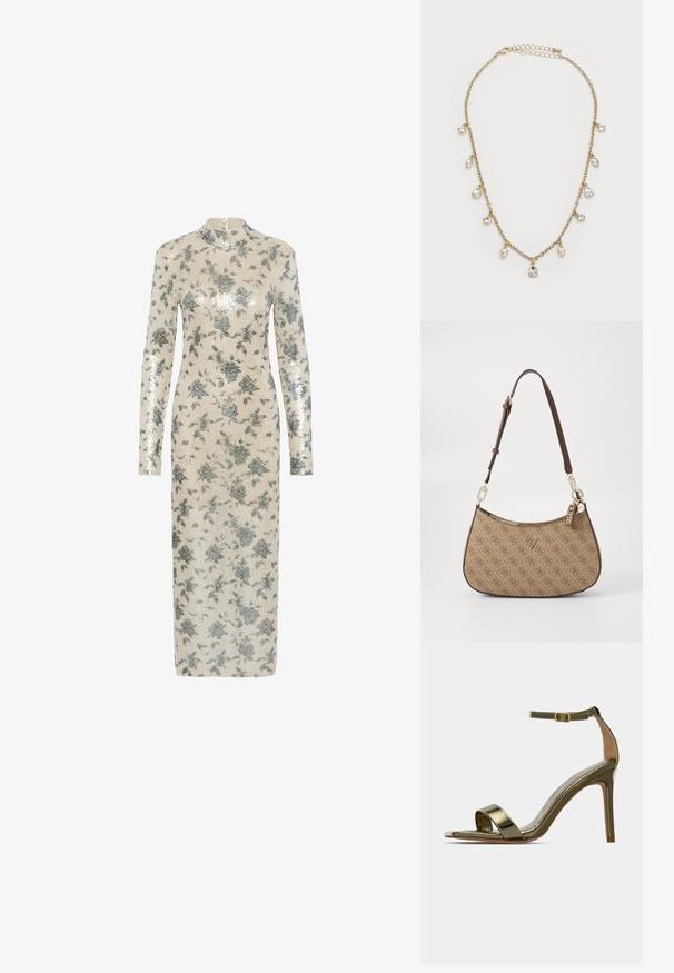 Langärmliges Kleid in Cream mit metallisch silbernen floralen Pailletten, hohem Ausschnitt und geradem Schnitt, der bis zur Mitte der Wade reicht. Reißverschlussverschluss hinten.; Goldene High-Heel-Sandale mit Knöchelriemen und Schnalle, offener Spitze, schlankem Stiletto-Absatz und glänzender metallischer Oberfläche auf schlichtem Hintergrund.; Braune Canvas-Handtasche mit geschwungener Form, geprägtem Logo-Muster, Lederbesatz, verstellbarem Tragegurt und einem Metallschild mit dem Markennamen.; Goldkette mit abwechselnden klaren Tropfen- und runden Kristallanhängern auf einem weißen Hintergrund.