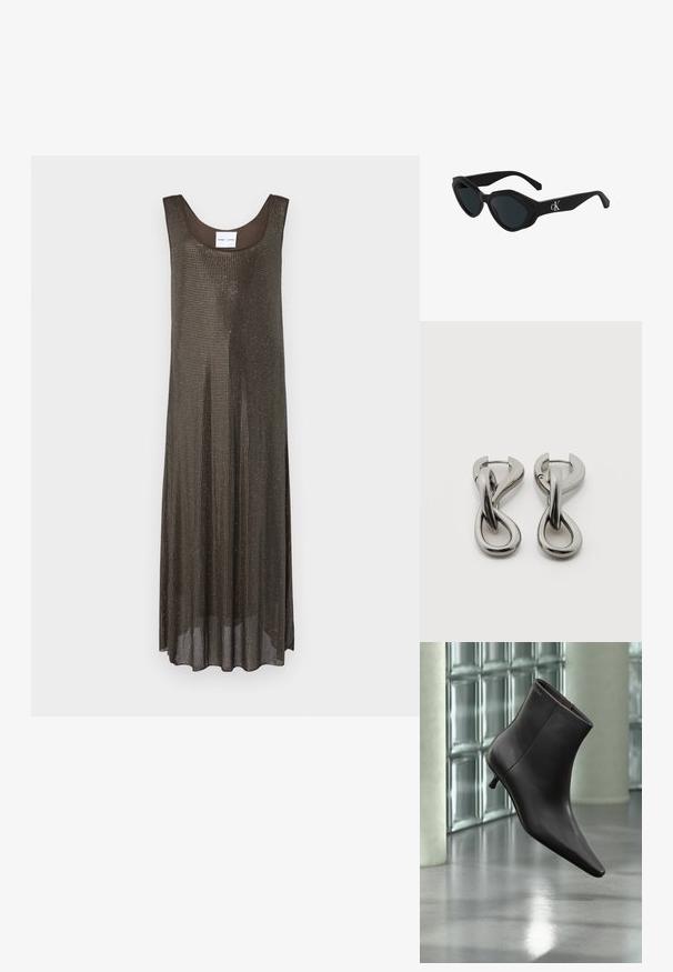 Robe maxi sans manches de couleur marron foncé avec une coupe décontractée et un petit motif de points métalliques sur l'ensemble, présentée sur un fond blanc.; Bottine en cuir noir avec bout pointu et petit talon, présentée devant un mur en blocs de verre et un sol poli.; Lunettes de soleil cat-eye noires avec une finition brillante, des verres sombres et un logo "cK" sur la branche. Design angulaire et montures épaisses.; Paire de boucles d'oreilles en métal argenté avec un motif abstrait d'anneaux entrelacés sur fond blanc.