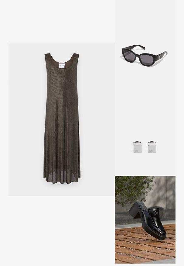 Ärmelloses dunkelbraunes Maxikleid mit lockerer Passform und kleinem metallischen Punktemuster auf weißem Hintergrund.; Schwarze Leder-Slip-on-Mule von Calvin Klein mit Blockabsatz, die auf Holzfliesen im Freien nahe einer grünen Pflanze und einer grauen Wand ruht.; Schwarze Sonnenbrille mit einem schlanken, kantigen Design, dunklen Gläsern und einem kontrastierenden silbernen Logo an der Seite. Glatte Kunststoffoberfläche.; Silberne quadratische Manschettenknöpfe mit polierter Oberfläche, auf der einen Seite mit den eingravierten Buchstaben "CK" und einer abgerundeten Detailgestaltung an der Oberseite.