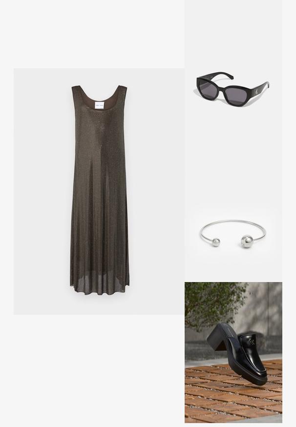 Ärmelloses dunkelbraunes Maxikleid mit lockerer Passform und kleinem metallischen Punktemuster auf weißem Hintergrund.; Schwarze Leder-Slip-on-Mule von Calvin Klein mit Blockabsatz, die auf Holzfliesen im Freien nahe einer grünen Pflanze und einer grauen Wand ruht.; Schwarze Sonnenbrille mit einem schlanken, kantigen Design, dunklen Gläsern und einem kontrastierenden silbernen Logo an der Seite. Glatte Kunststoffoberfläche.; Silberner Metallarmreif mit zwei kugelförmigen Akzenten an jedem Ende, glatte Oberfläche, offenes Design und schlanker, minimalistischer Form.