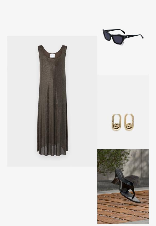 Ärmelloses dunkelbraunes Maxikleid mit lockerer Passform und kleinem metallischen Punktemuster auf weißem Hintergrund.; Schwarze Calvin Klein Riemchensandale mit Absatz, schwebend über einer gefliesten Außenfläche mit Grünpflanzen und einer Betonwand im Hintergrund.; Schwarze übergroße Sonnenbrille mit geometrischer Form, ausgestattet mit dunklen Gläsern und einem kontrastierenden grauen Detail im Rahmen. Logo am Bügel.; BOSS DOUBLE B SWING - Ohrringe - gold-coloured