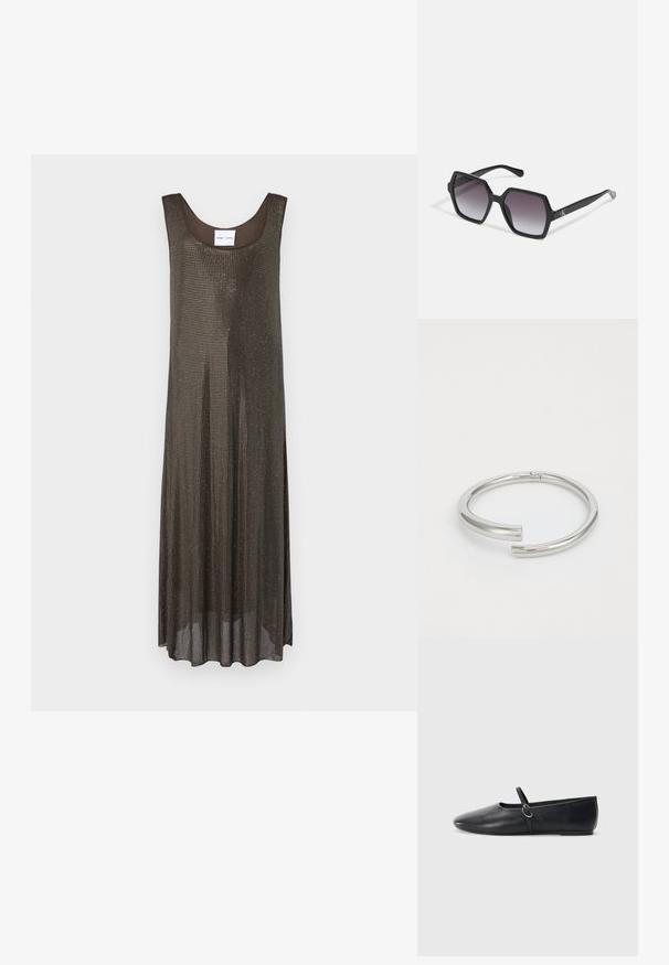 Mouwloze donkerbruine maxi-jurk met een losse pasvorm en een klein metalen stippenpatroon over de gehele lengte, weergegeven op een witte achtergrond.; Zwarte leren balletschoenen met een spitse neus, platte zool en een kleine strap met een zilveren gespsluiting.; Zwarte hexagonale zonnebril met graduele lenzen, voorzien van een glanzende afwerking en subtiele branding op de veer. Duurzame kunststofconstructie.; Calvin Klein SPIRAL - Armband - silver-coloured