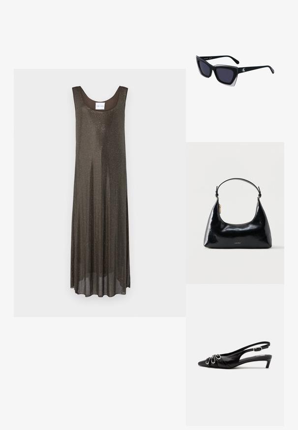Robe maxi sans manches de couleur marron foncé avec une coupe décontractée et un petit motif de points métalliques sur l'ensemble, présentée sur un fond blanc.; Chaussure slingback en cuir noir avec bout pointu, trois boucles argentées à l'avant et petit talon kitten sur fond blanc.; Lunettes de soleil noires surdimensionnées avec une forme géométrique, dotées de verres foncés et d'un détail gris contrastant sur la monture. Logo sur la branche.; Sac à main Calvin Klein noir brillant avec fermeture éclair dorée et anse courte sur fond blanc uni.