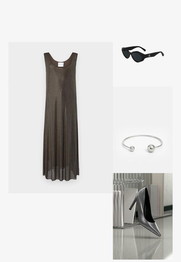 Vestido maxi sin mangas de color marrón oscuro, con un corte holgado y un pequeño patrón de puntos metálicos en todo el tejido, exhibido sobre un fondo blanco.; Zapato negro de tacón alto suspendido en el aire frente a un organizador metálico de archivos con carpetas sobre una superficie pulida.; Gafas de sol negras con forma de ojo de gato, acabado brillante, lentes oscuros y un logo "cK" en la patilla. Diseño angular y montura gruesa.; Brazalete de metal plateado con dos acentos esféricos en cada extremo, superficie lisa, diseño abierto y forma elegante y minimalista.