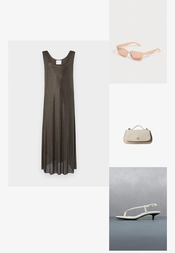 Vestido maxi sin mangas de color marrón oscuro, con un corte holgado y un pequeño patrón de puntos metálicos en todo el tejido, exhibido sobre un fondo blanco.; Sandalia blanca de tacón kitten con tiras y punta afilada, flotando sobre un suelo de baldosas de madera al aire libre, con un fondo desenfocado de plantas y pared.; Gafas de sol rectangulares color melocotón claro con montura gruesa y lentes tintadas a juego sobre un fondo claro y liso.; Pequeño bolso de mano de cuero beige con asa superior y logo plateado de CK en la solapa frontal, mostrado sobre un fondo blanco.