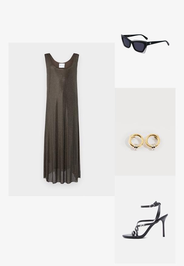 Vestido maxi sin mangas de color marrón oscuro, con un corte holgado y un pequeño patrón de puntos metálicos en todo el tejido, exhibido sobre un fondo blanco.; Sandalia negra de tacón alto con tiras finas, hebilla en el tobillo y detalle de logo metálico en la tira lateral, sobre un fondo blanco.; Gafas de sol negras de gran tamaño con una forma geométrica, que presentan lentes oscuros y un detalle gris contrastante en la montura. Logo en la pata.; Pendientes circulares de oro con dos pequeños anillos de plata en cada uno, que muestran detalles sutiles del nombre de la marca grabado, colocados sobre un fondo blanco.