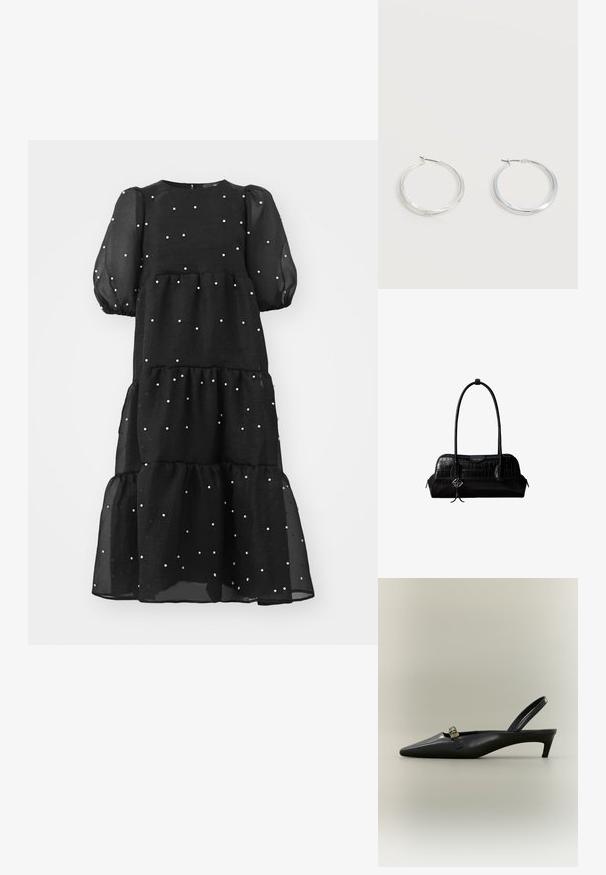 Cras LYLA DRESS - Cocktail φόρεμα / Φόρεμα για πάρτι - black; Μαύρο δερμάτινο παπούτσι με λουράκι στο πίσω μέρος, χαμηλό τακούνι τύπου kitten, μυτερή μύτη και μικρή πόρπη σε χρυσό τόνο σε απλό φόντο.; Μαύρη δερμάτινη τσάντα ώμου με υφή κροκοδείλου, μακριά λουριά και μικρό ασημένιο λογότυπο σε ένα από τα λουριά.; Ασημένια μεταλλικά σκουλαρίκια κρίκοι με λεία, ελαφρώς κυρτή επιφάνεια και κλειδαριά τύπου latch-back σε απλό λευκό φόντο.
