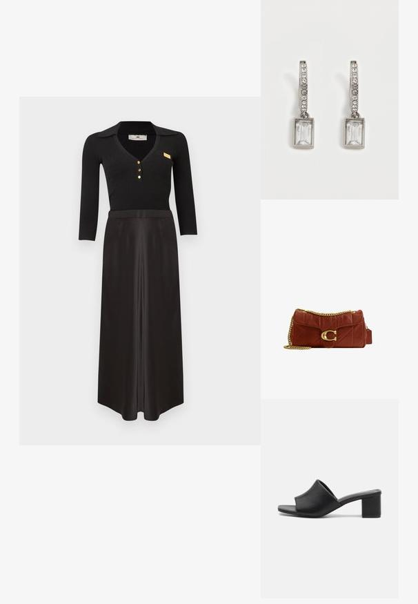 Haut noir à manches longues en maille côtelée avec col et boutons dorés, associé à une jupe maxi noire en satin taille haute sur fond blanc.; Mules à talons carrés en cuir noir avec un bout ouvert, présentant une surface lisse et un upper légèrement courbé pour le confort et le style.; Sac à main matelassé en cuir marron avec une bandoulière chaîne dorée et un grand fermoir doré en forme de "C" sur le rabat avant.; Boucles d’oreilles créoles en argent avec petits cristaux ronds et pendentifs rectangulaires en pierre précieuse transparente sur fond blanc.