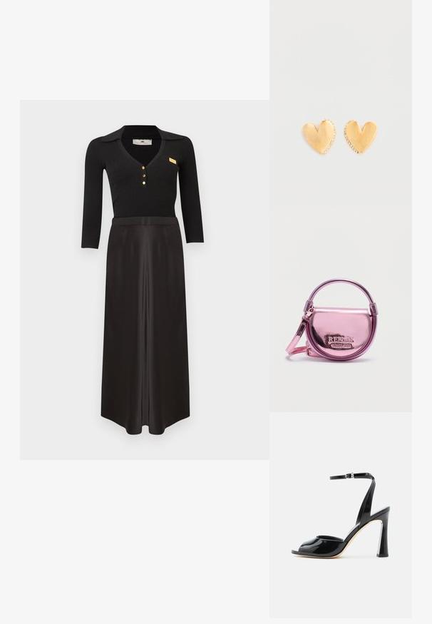 Haut noir à manches longues en maille côtelée avec col et boutons dorés, associé à une jupe maxi noire en satin taille haute sur fond blanc.; Sandale à talon haut en cuir verni noir avec bout ouvert et fine bride à la cheville avec boucle sur fond blanc.; Petit sac à main rond métallique rose avec poignée supérieure et bandoulière, logo REPLAY et inscription « SINCE 1981 » embossée sur le rabat avant.; Boucles d'oreilles en forme de cœur en or avec une surface lisse, ornées de petites pierres claires le long d'un bord, avec le logo "GUESS" gravé.