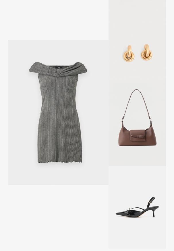 Graues, schulterfreies Kleid mit vertikal gerippter Textur, das über einen breiten, gefalteten Ausschnitt und einen gewellten Saum verfügt.; ALDO MARIETTA PILLOW WALK - Pumps - black; Braune Leder-Umhängetasche mit einer vorderen Klappentasche, die ein gestepptes Schleifendetail und einen verstellbaren Riemen aufweist.; Paar glänzende goldene Creolen mit dicken runden Gliedern auf schlichtem hellgrauem Hintergrund.