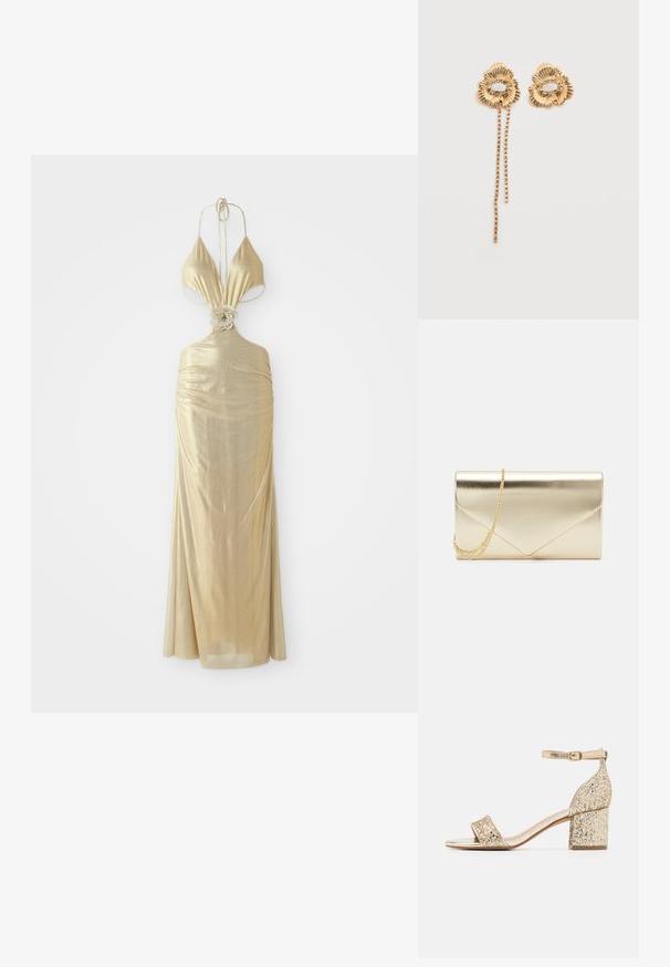 Metallic guld halterneck kjole med en dyb udskæring, samlet tekstur og en blomsterknude detalje i taljen, der flyder ned til en lang nederdel.; Guldglitrende block-heel sandaler med ankelrem og en bred glitrende rem over forfoden. Glatte guld detaljer forbedrer designet.; Metallic guld clutch taske i en elegant, rektangulær form, der har et kuvert-design og en aftagelig guld kædesnor.; Guld blomsterøreringe med strukturerede kronblade og en ring af små klare sten, den ene ørering har to hængende kæder af små sten.