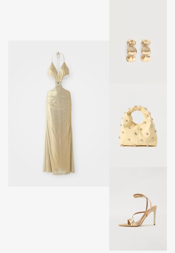 Metallieke gouden halterjurk met een diep uitgesneden halslijn, geplooide textuur en een bloemenknoopdetail bij de taille, vloeiend naar een lange rok.; Even&Odd Sandalen - gold; Zachte gele handtas met een ronde handgreep, versierd met gelijkmatig geplaatste kleine zilveren metalen studs op een glad oppervlak.; Oorbellen in goudkleur met drie onregelmatige, gladde, afgeronde segmenten die verticaal opgestapeld zijn op een egale lichte achtergrond.