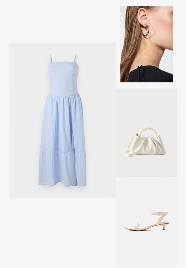 Lyseblå maxikjole med tynde stropper. Tights bodice med blomstret tekstur, flydende lagdelt skørt. Fremstillet af letvægtsstof.; Beige sandal med lav hæl, enkelt tårem og justerbar ankelrem med lille guldbøjle, på hvid baggrund.; Lille hvid håndtaske med ruched krop, rundt håndtag pyntet med perler og aftagelig skulderrem på en ensfarvet baggrund.; Sølv hoop ørestik med en poleret overflade, prydet med små guld accenter og en rund form, båret på øreflippen.