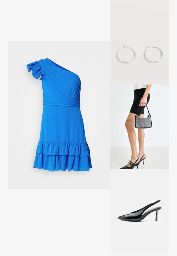En-skulder blå kjole lavet af blødt stof, med en volangnederdel og teksturerede detaljer på kropstykket.; Sort laklæder stilet højhælet slingback med spids tå og slank stilet hæl på hvid baggrund.; Sort perlehandtaske med en buet silhuet, bærehåndtag og blank overflade. Båret med højhælede sorte sko og tætsiddende sorte shorts.; Sølvfarvede metaloorringe med glat, let buet overflade og låsemekanisme på en ensfarvet hvid baggrund.