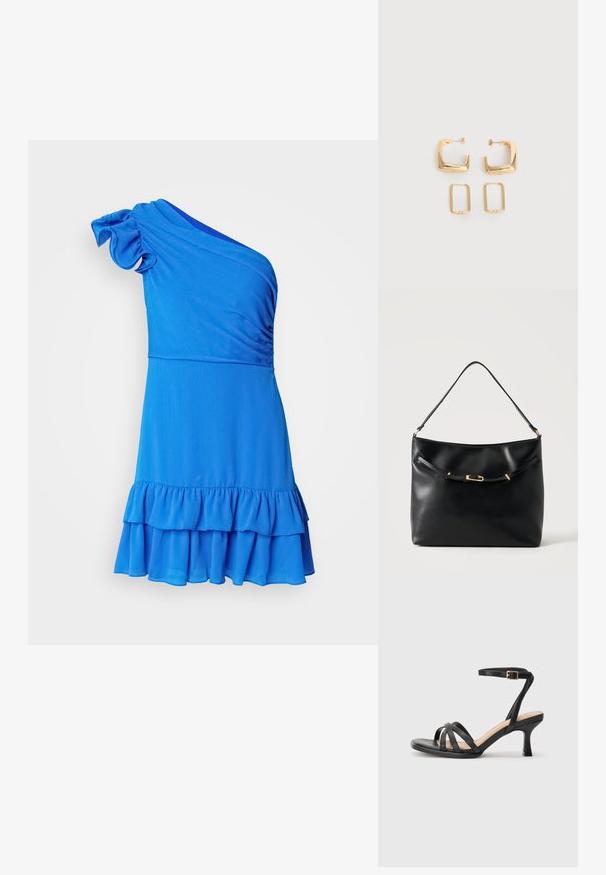 Eén-schouder blauwe jurk van zacht stof, met een rucheszoom en gestructureerde details op het lijfje.; Zwarte sandalen met hakken, voorzien van meerdere dunne banden over de tenen, een enkele enkelband met een gouden gesp en een vierkante neus.; Zwarte leren schoudertas met een enkele band en een klein gouden gespsdetail aan de voorkant tegen een effen lichte achtergrond.; Twee paar gouden geometrische creolen op een effen witte ondergrond, een paar vierkant en massief, een paar rechthoekig en hol.
