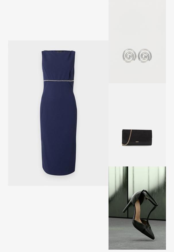 Robe bleu marine sans manches avec un col bateau, une silhouette cintrée et une ceinture ornée de perles. Texture lisse et mate.; Chaussure à talon haut en cuir noir avec bout pointu et bride à la cheville, suspendue au-dessus d'une surface grise avec des panneaux en verre dépoli en arrière-plan.; Porte-monnaie noir en daim avec une finition texturée, doté d'une chaîne dorée et d'un design épuré et angulaire.; Paire de boucles d'oreilles en forme d'anneau spirale en argent avec un design lisse et arrondi sur fond blanc uni.