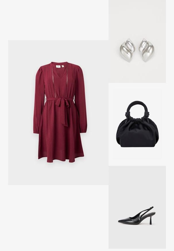 Vestido burdeos con mangas largas, escote en V, cintura ajustada y cinturón de lazo; presenta un delicado bordado a lo largo del escote. Textura de tela suave.; Zapato de tacón alto negro de cuero con puntera afilada y tacón delgado sobre un fondo blanco.; Bolso de tela negra suave con parte superior fruncida y asas redondeadas anudadas en la base, sobre un fondo claro y liso.; Pendientes de plata con una forma orgánica y abstracta. Superficie lisa y brillante con un diseño cónico. Presentan suaves curvas y un detalle de línea central.